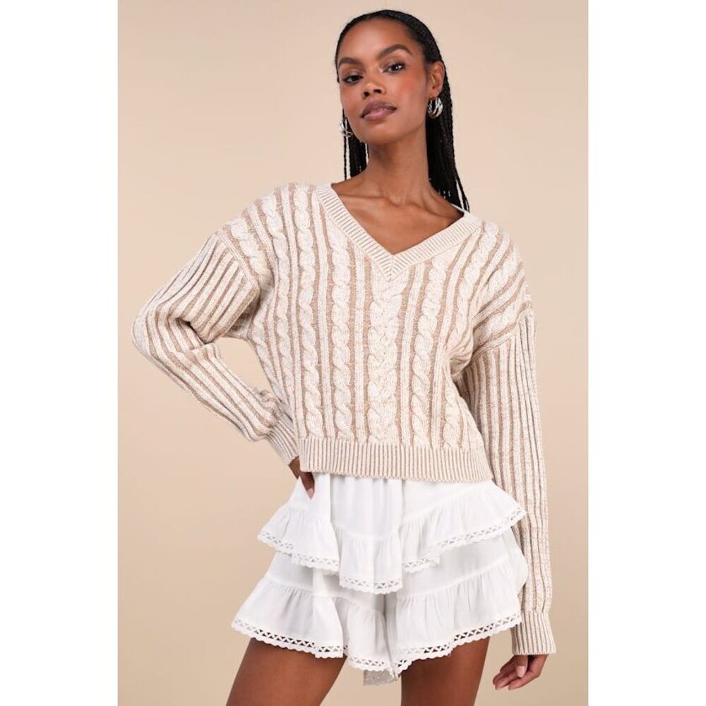 Lulus Cozy Classic Tan And Ivory Heathered Cable Knit V-neck Sweater Beige
